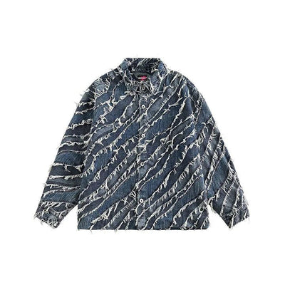 DISTRESSED DENIM BUTTON-DOWN SHIRT JACKET RIPPED JEANS
