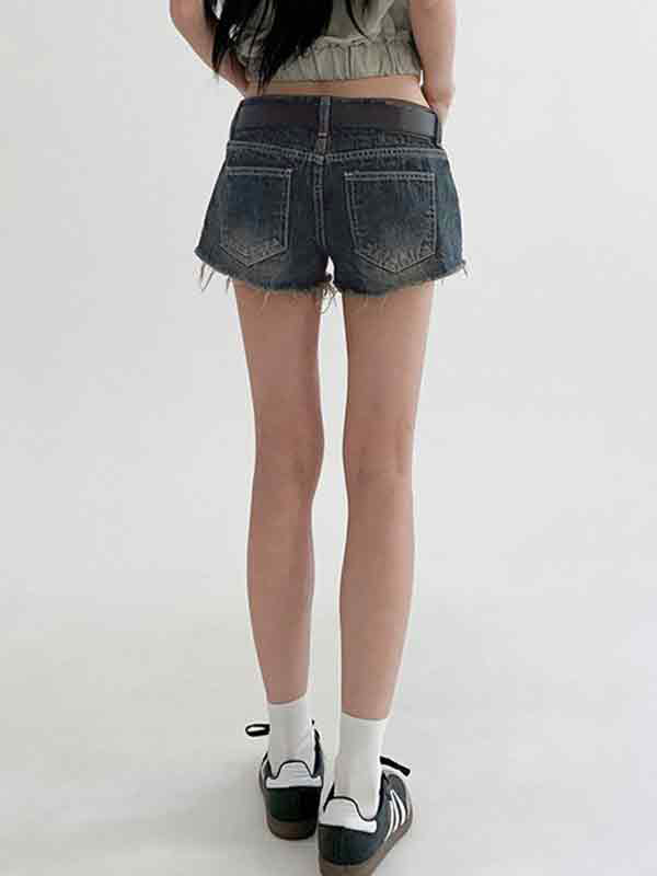 DISTRESSED DENIM SHORTS WITH BELT DARK LOW WAIST DESIGN