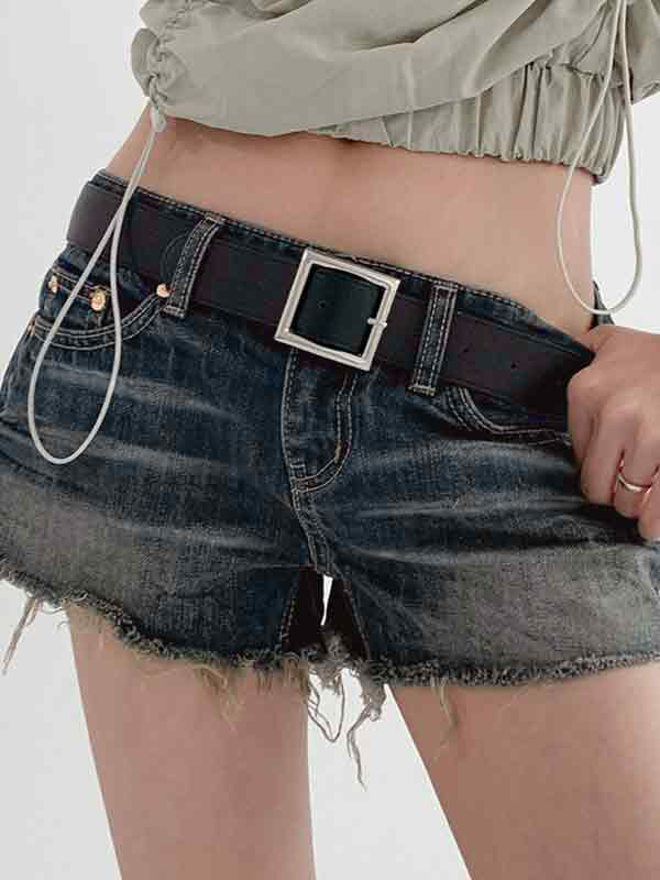 DISTRESSED DENIM SHORTS WITH BELT DARK LOW WAIST DESIGN