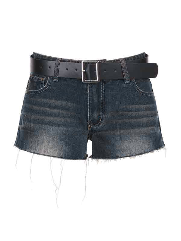 DISTRESSED DENIM SHORTS WITH BELT DARK LOW WAIST DESIGN