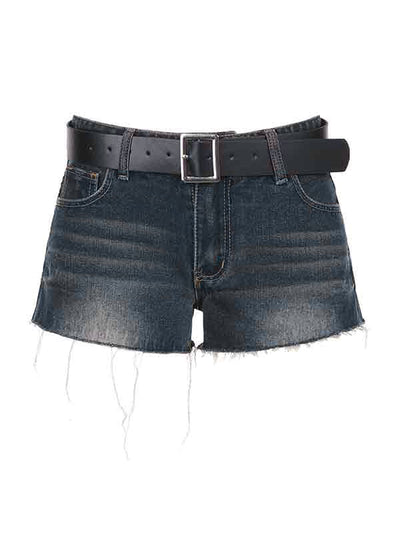 DISTRESSED DENIM SHORTS WITH BELT DARK LOW WAIST DESIGN