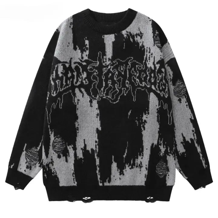DISTRESSED SWEATER - BLACK AND GRAY GRUNGE Y2K VINTAGE KNITTED