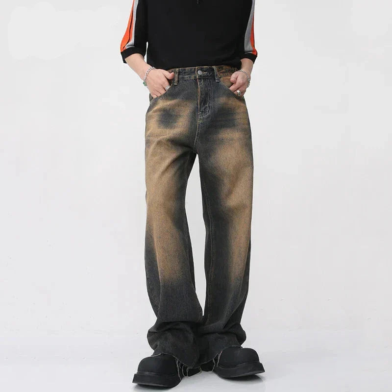 DISTRESSED WIDE-LEG JEANS UNISEX PATCHWORK DENIM