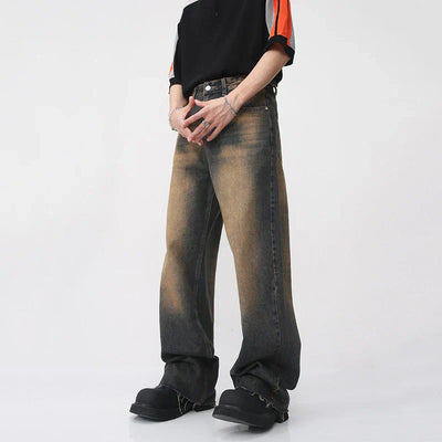 DISTRESSED WIDE-LEG JEANS UNISEX PATCHWORK DENIM