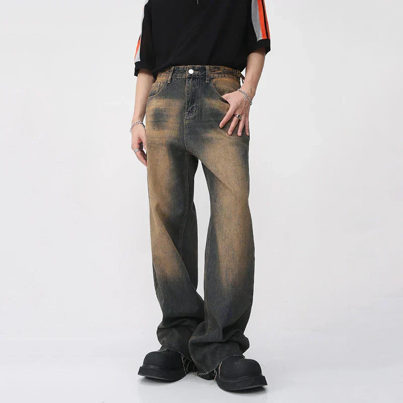 DISTRESSED WIDE-LEG JEANS UNISEX PATCHWORK DENIM