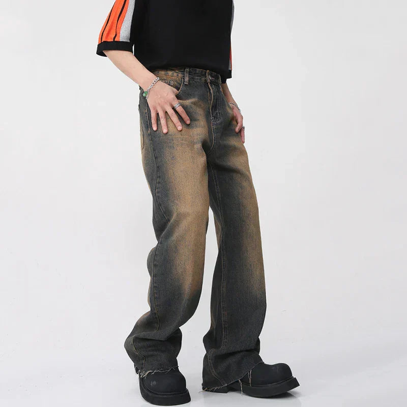 DISTRESSED WIDE-LEG JEANS UNISEX PATCHWORK DENIM