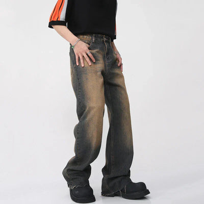DISTRESSED WIDE-LEG JEANS UNISEX PATCHWORK DENIM