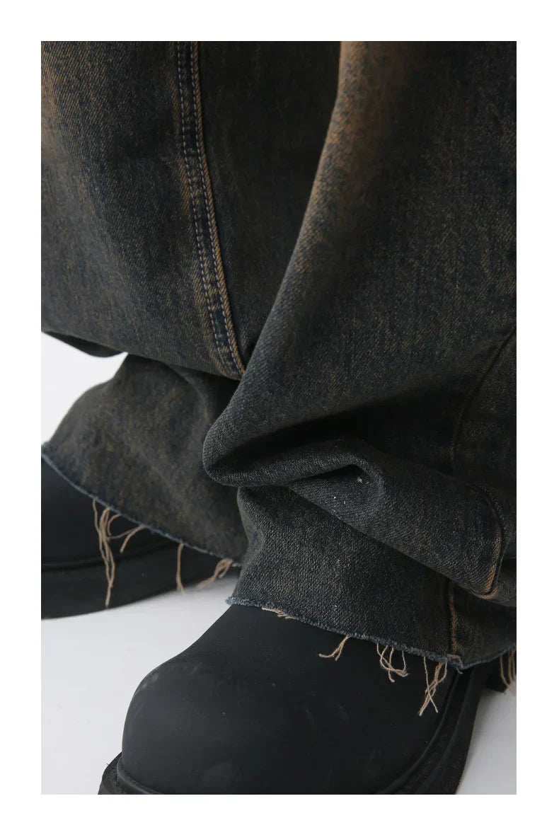 DISTRESSED WIDE-LEG JEANS UNISEX PATCHWORK DENIM