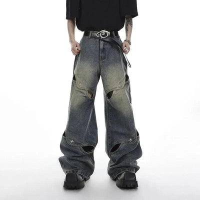 DISTRESSED WIDE-LEG JEANS WITH CUTOUTS UNISEX DENIM JEANS