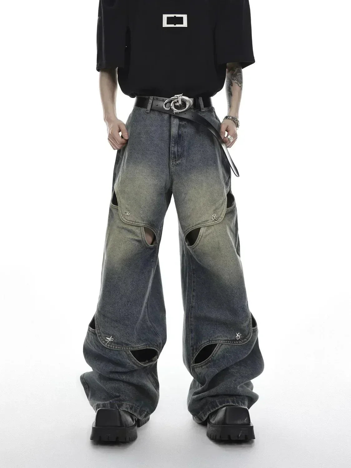 DISTRESSED WIDE-LEG JEANS WITH CUTOUTS UNISEX DENIM JEANS