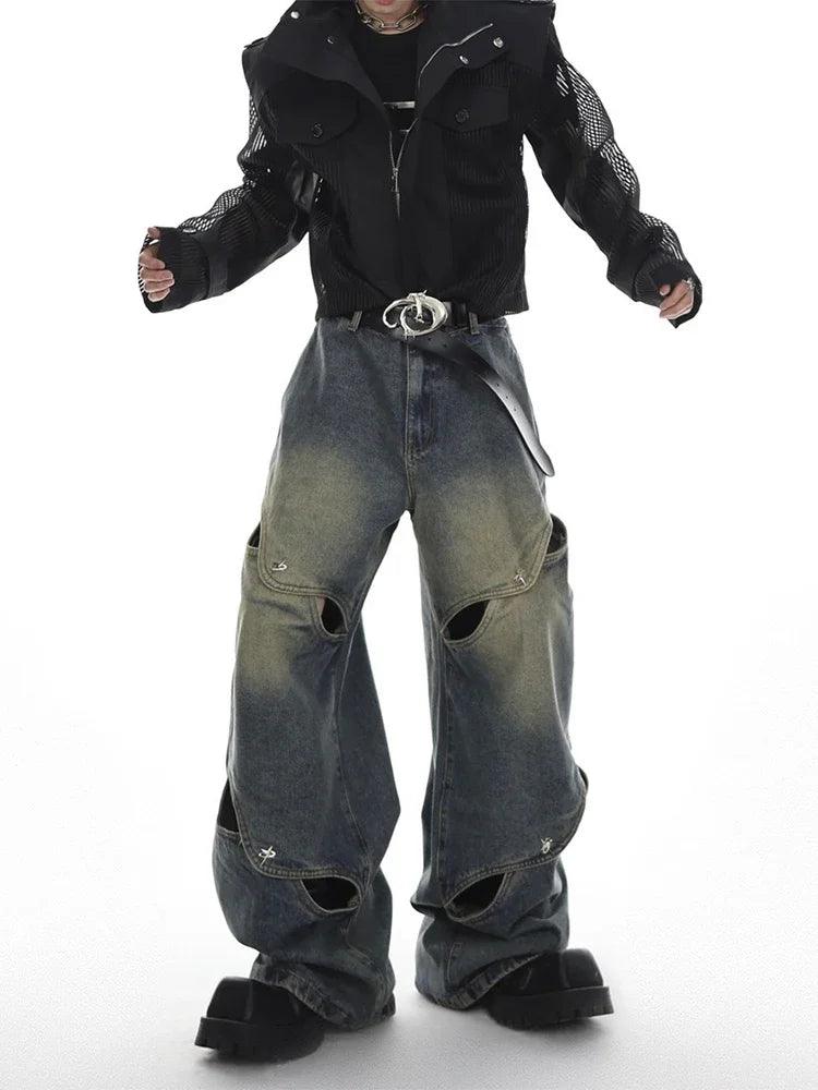 DISTRESSED WIDE-LEG JEANS WITH CUTOUTS UNISEX DENIM JEANS