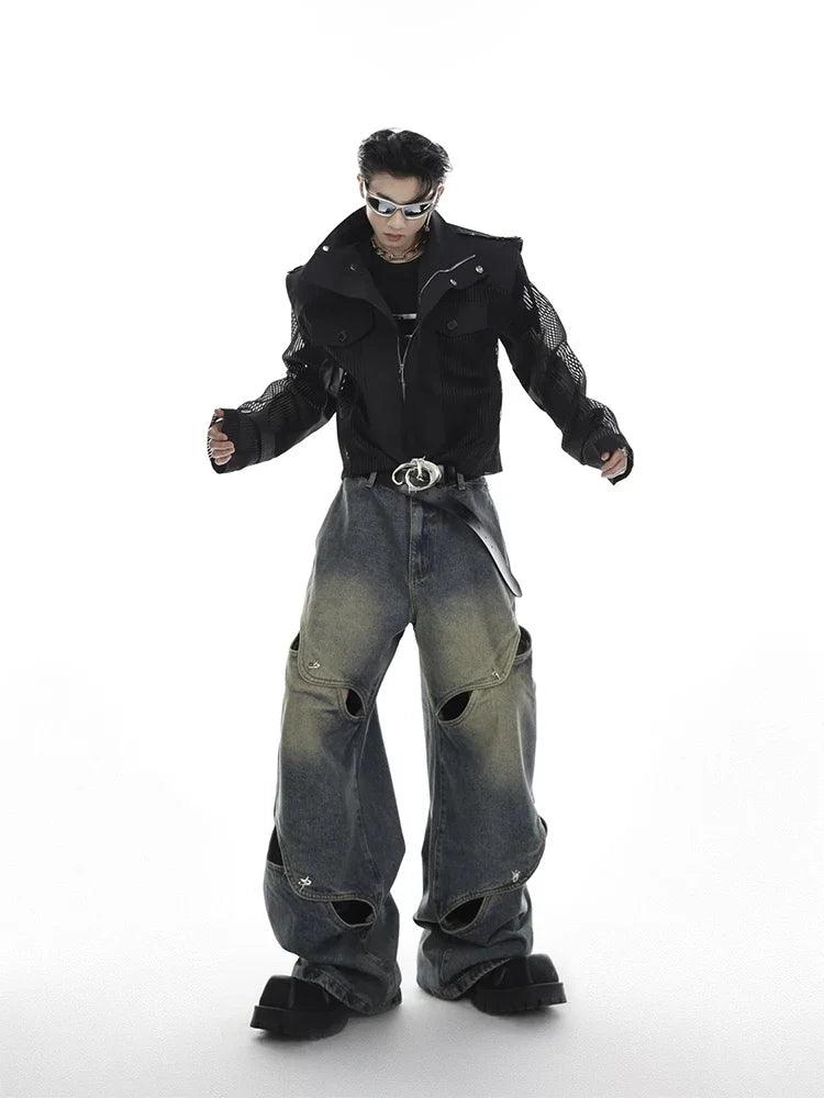 DISTRESSED WIDE-LEG JEANS WITH CUTOUTS UNISEX DENIM JEANS