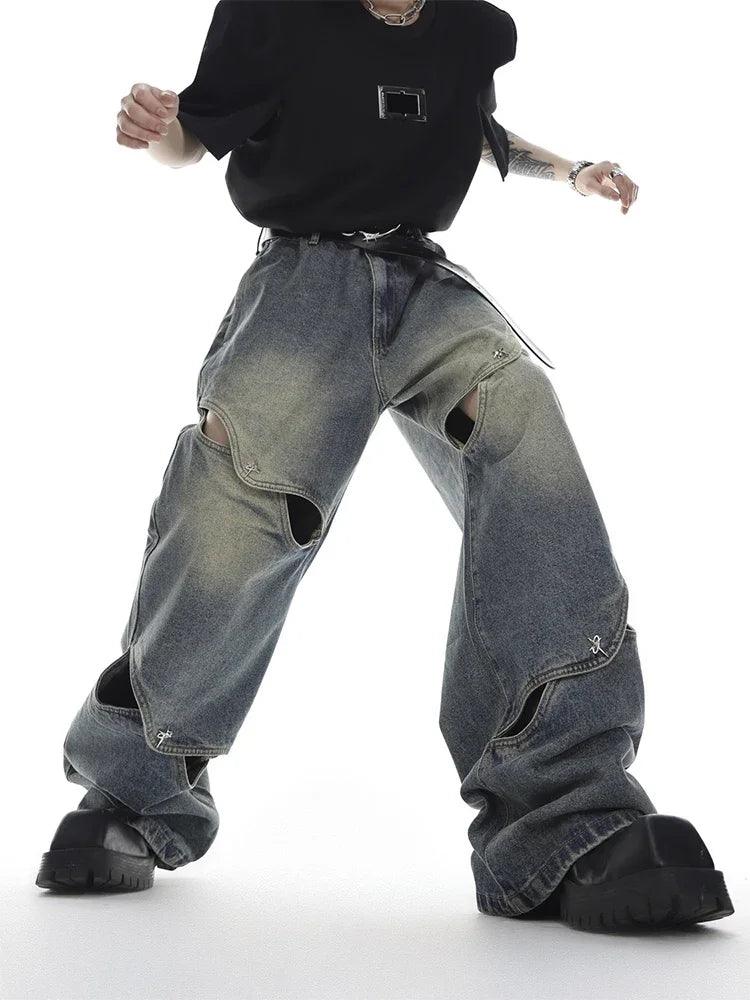 DISTRESSED WIDE-LEG JEANS WITH CUTOUTS UNISEX DENIM JEANS