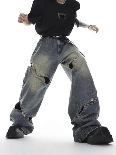DISTRESSED WIDE-LEG JEANS WITH CUTOUTS UNISEX DENIM JEANS
