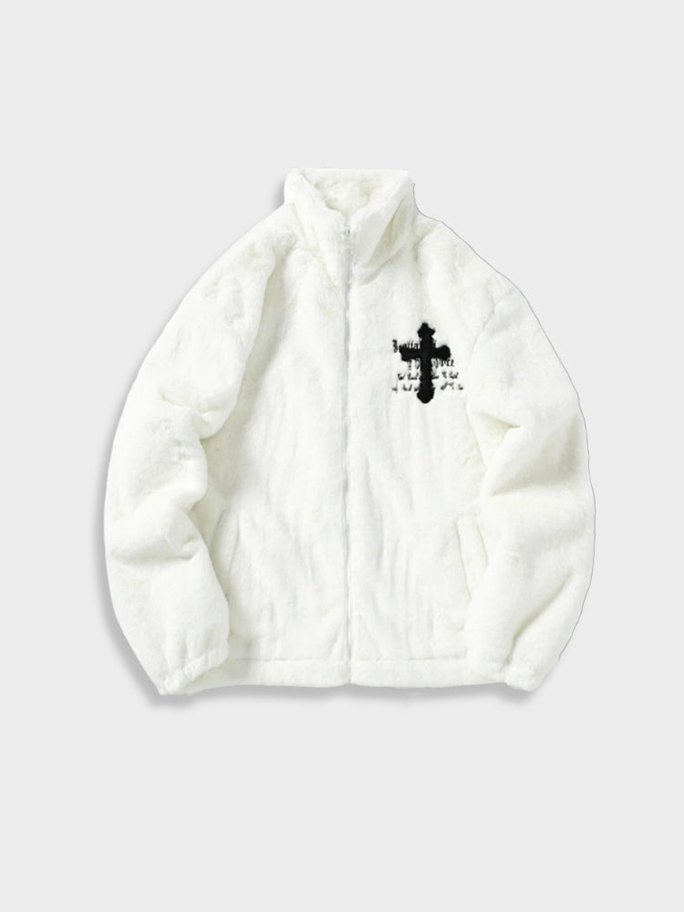 FAUX FUR JACKET WITH WHITE CROSS FOR WINTER ADVENTURES AND EVERYDAY WEAR
