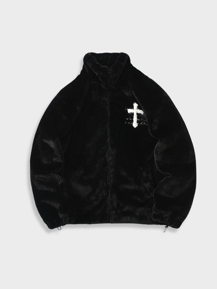 FAUX FUR JACKET WITH WHITE CROSS FOR WINTER ADVENTURES AND EVERYDAY WEAR