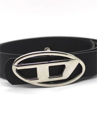 FAUX LEATHER BELT WITH SILVER D BUCKLE - BLACK FAUX LEATHER BELT