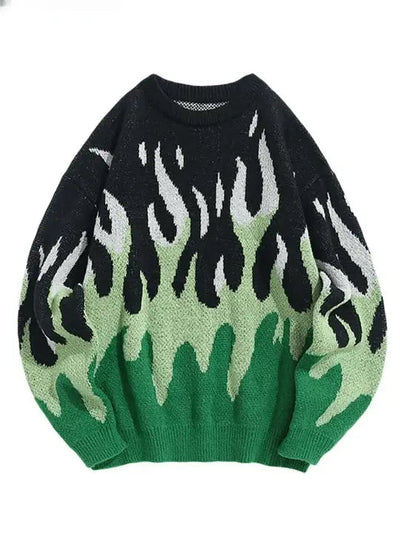 FLAME GRAPHIC SWEATER BLACK AND BLUE WITH Y2K STYLE