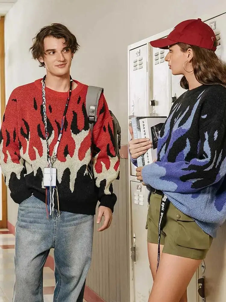 FLAME GRAPHIC SWEATER BLACK AND BLUE WITH Y2K STYLE