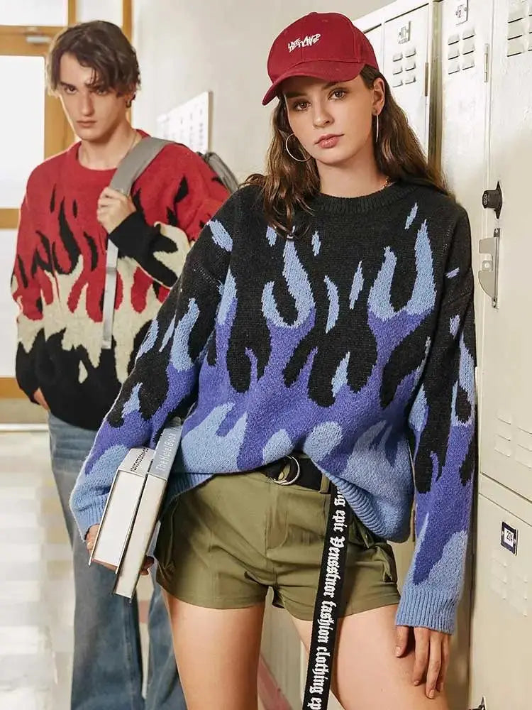 FLAME GRAPHIC SWEATER BLACK AND BLUE WITH Y2K STYLE