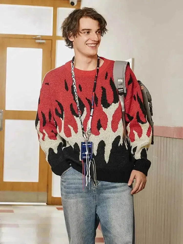 FLAME GRAPHIC SWEATER BLACK AND BLUE WITH Y2K STYLE