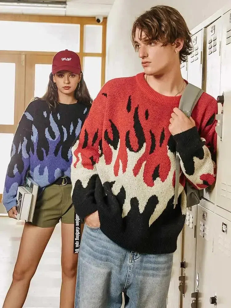 FLAME GRAPHIC SWEATER BLACK AND BLUE WITH Y2K STYLE