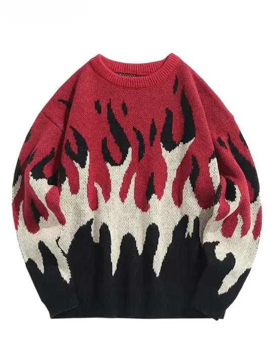 FLAME GRAPHIC SWEATER BLACK AND BLUE WITH Y2K STYLE