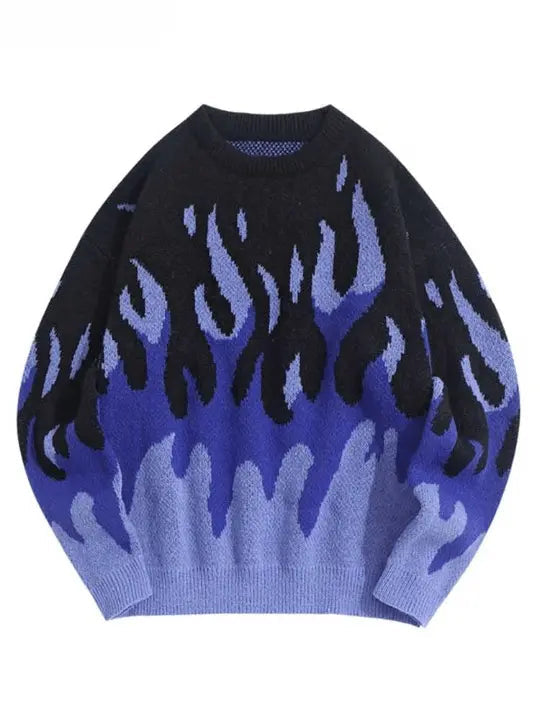 FLAME GRAPHIC SWEATER BLACK AND BLUE WITH Y2K STYLE