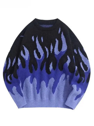 FLAME GRAPHIC SWEATER BLACK AND BLUE WITH Y2K STYLE