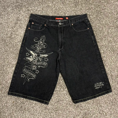 GOTHIC DENIM SHORTS ED HARDY BLACK DENIM STYLE