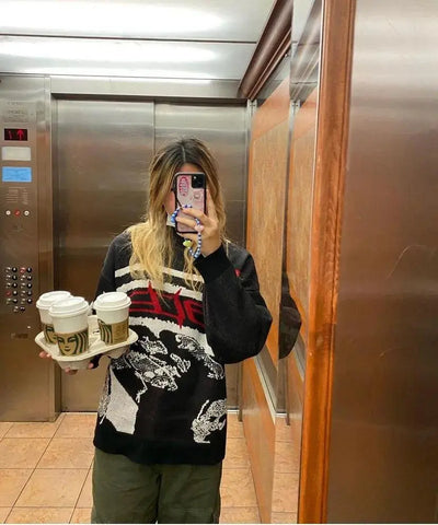 GRAPHIC KNIT SWEATER WITH CREATIVE STRIPES PULLOVERS DESIGN