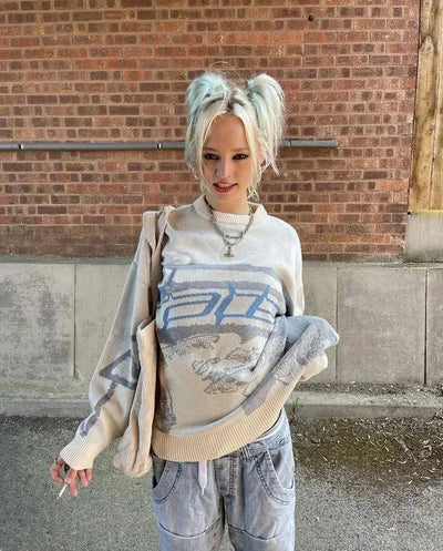 GRAPHIC KNIT SWEATER WITH CREATIVE STRIPES PULLOVERS DESIGN