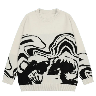GRAPHIC SWEATER ABSTRACT SKULL KNITTED DESIGN IN BLACK AND WHITE