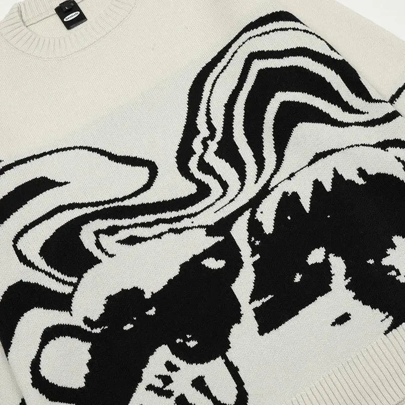 GRAPHIC SWEATER ABSTRACT SKULL KNITTED DESIGN IN BLACK AND WHITE