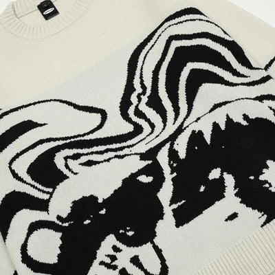 GRAPHIC SWEATER ABSTRACT SKULL KNITTED DESIGN IN BLACK AND WHITE