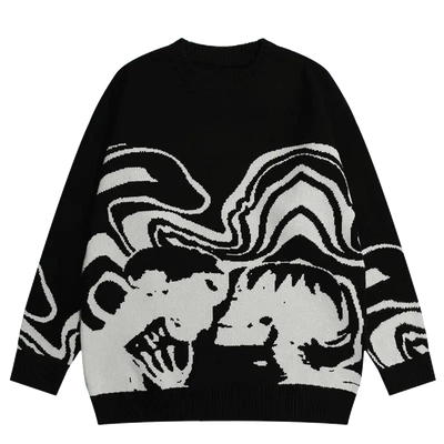 GRAPHIC SWEATER ABSTRACT SKULL KNITTED DESIGN IN BLACK AND WHITE