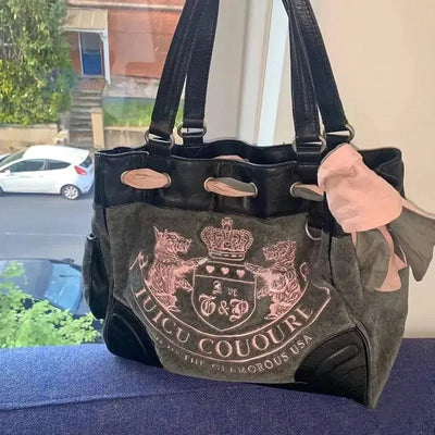 GRAY AND BLACK VELVET SHOULDER BAG WITH PINK ACCENTS Y2K VINTAGE