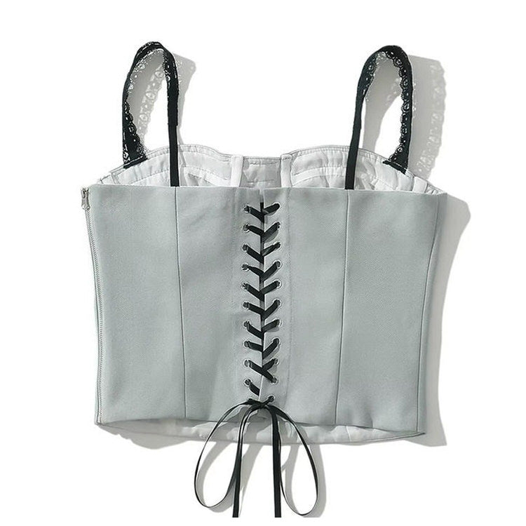 GRAY CORSET TOP WITH LACE TRIM FOR WOMEN'S FASHION