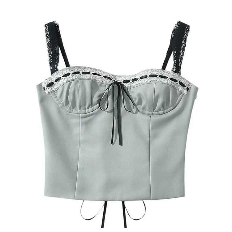GRAY CORSET TOP WITH LACE TRIM FOR WOMEN'S FASHION