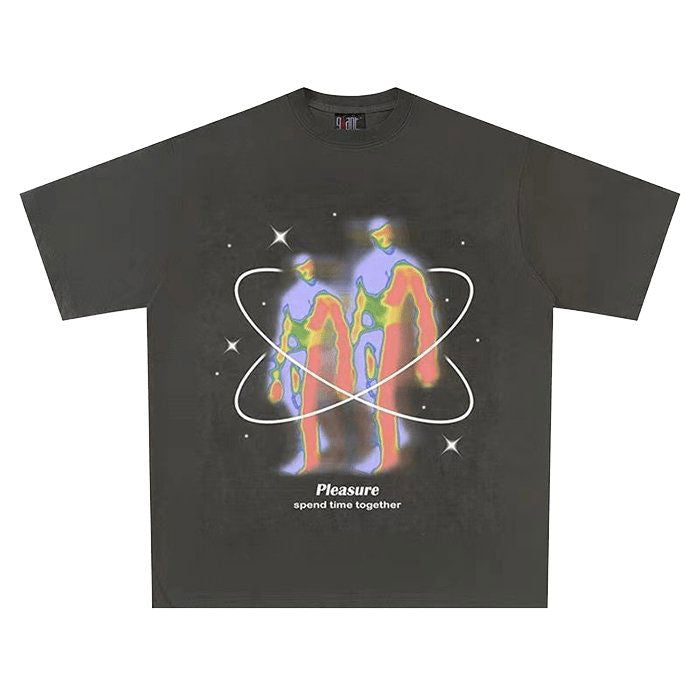 GRAY GRAPHIC T-SHIRT WITH ATOMIC PATTERNED DESIGN FOR UNIQUE STREETWEAR STYLE
