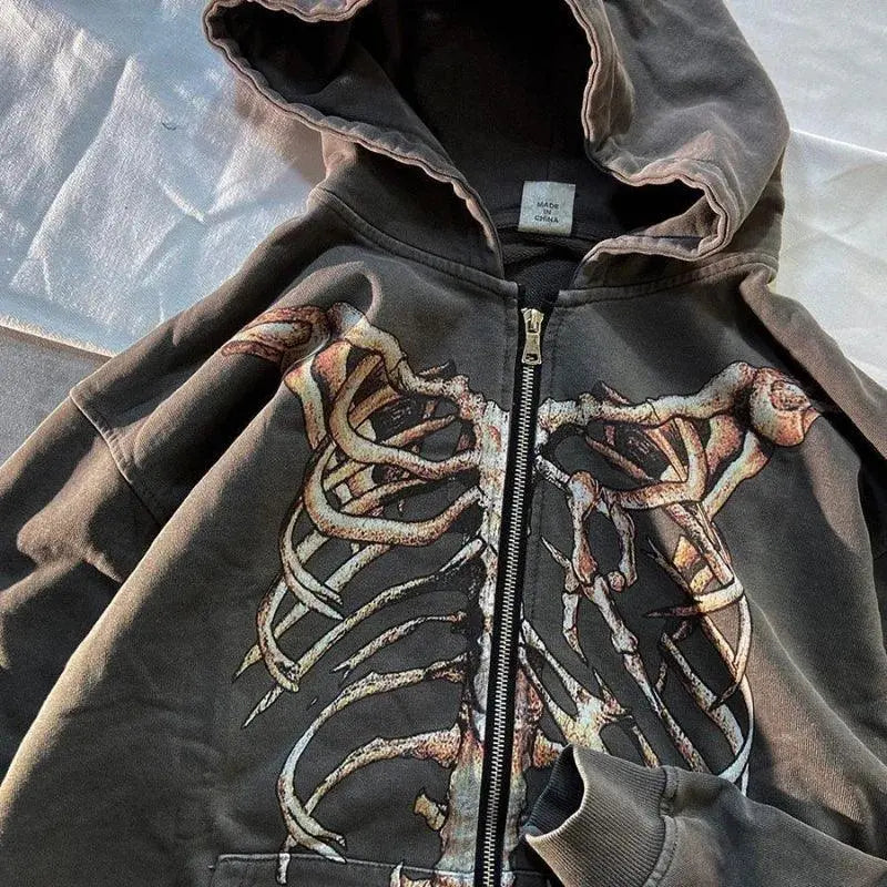 GRAY SKELETON-PRINT ZIP-UP HOODIE WITH HIP HOP SKULL DESIGN