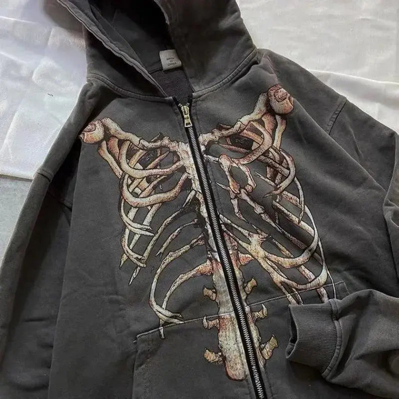 GRAY SKELETON-PRINT ZIP-UP HOODIE WITH HIP HOP SKULL DESIGN