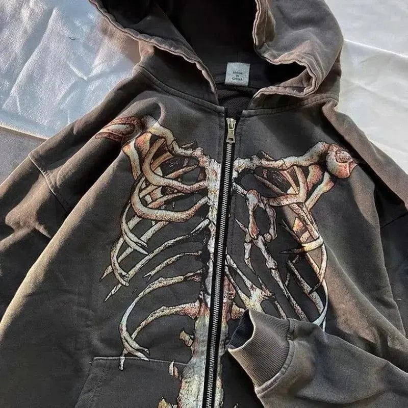 GRAY SKELETON-PRINT ZIP-UP HOODIE WITH HIP HOP SKULL DESIGN