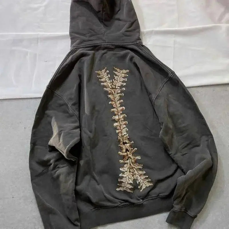 GRAY SKELETON-PRINT ZIP-UP HOODIE WITH HIP HOP SKULL DESIGN