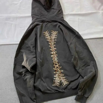 GRAY SKELETON-PRINT ZIP-UP HOODIE WITH HIP HOP SKULL DESIGN