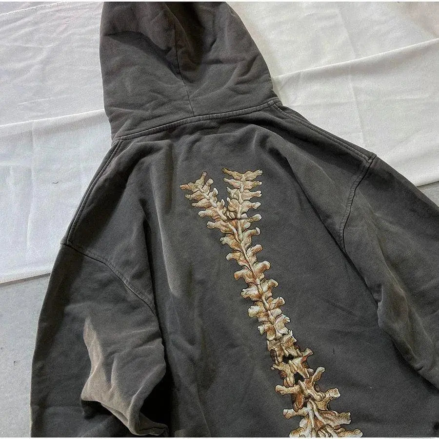 GRAY SKELETON-PRINT ZIP-UP HOODIE WITH HIP HOP SKULL DESIGN