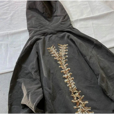 GRAY SKELETON-PRINT ZIP-UP HOODIE WITH HIP HOP SKULL DESIGN