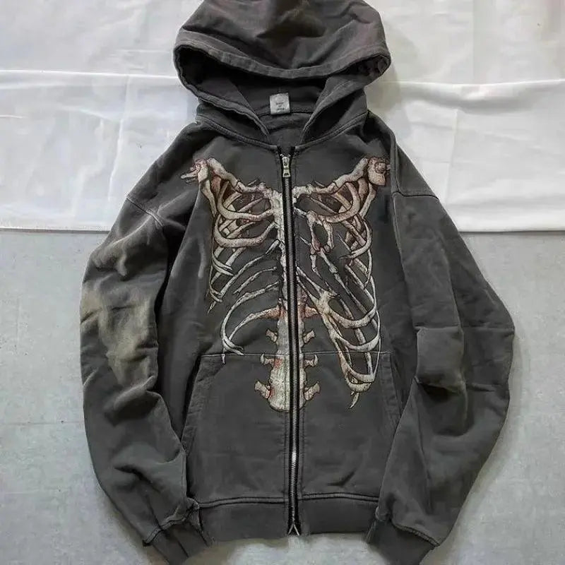 GRAY SKELETON-PRINT ZIP-UP HOODIE WITH HIP HOP SKULL DESIGN