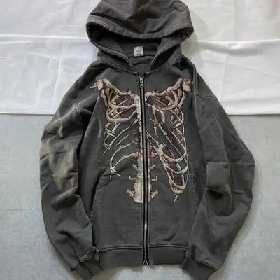 GRAY SKELETON-PRINT ZIP-UP HOODIE WITH HIP HOP SKULL DESIGN