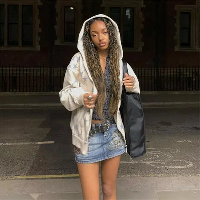 GRAY STAR-PATTERNED HOODED ZIP-UP SWEATSHIRT STAR HOODIES JACKET